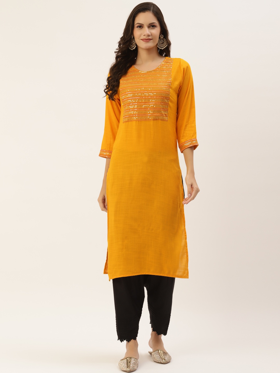 

INDYES Women Mustard Yellow Yoke Design Kurta