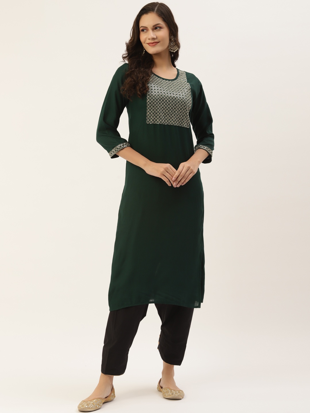 

INDYES Women Green Yoke Design Kurta