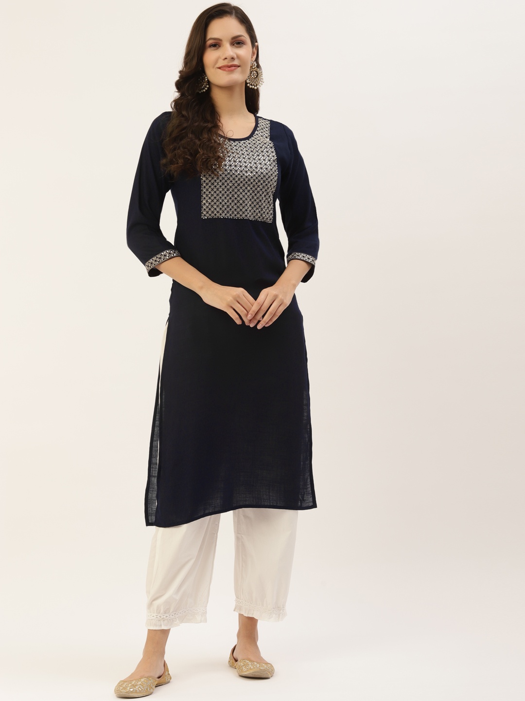 

INDYES Women Navy Blue Yoke Design Kurta