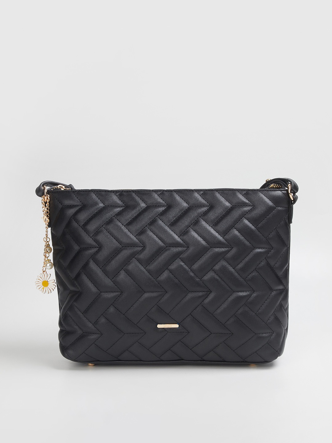 

Ginger by Lifestyle Black Textured Structured Sling Bag with Quilted