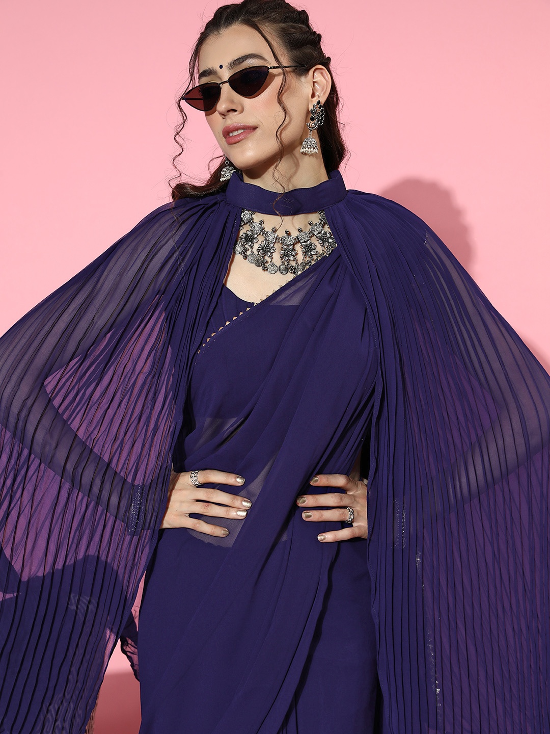 

Tikhi Imli Navy Blue Gotta Patti Saree with Accordion Pleated Cape