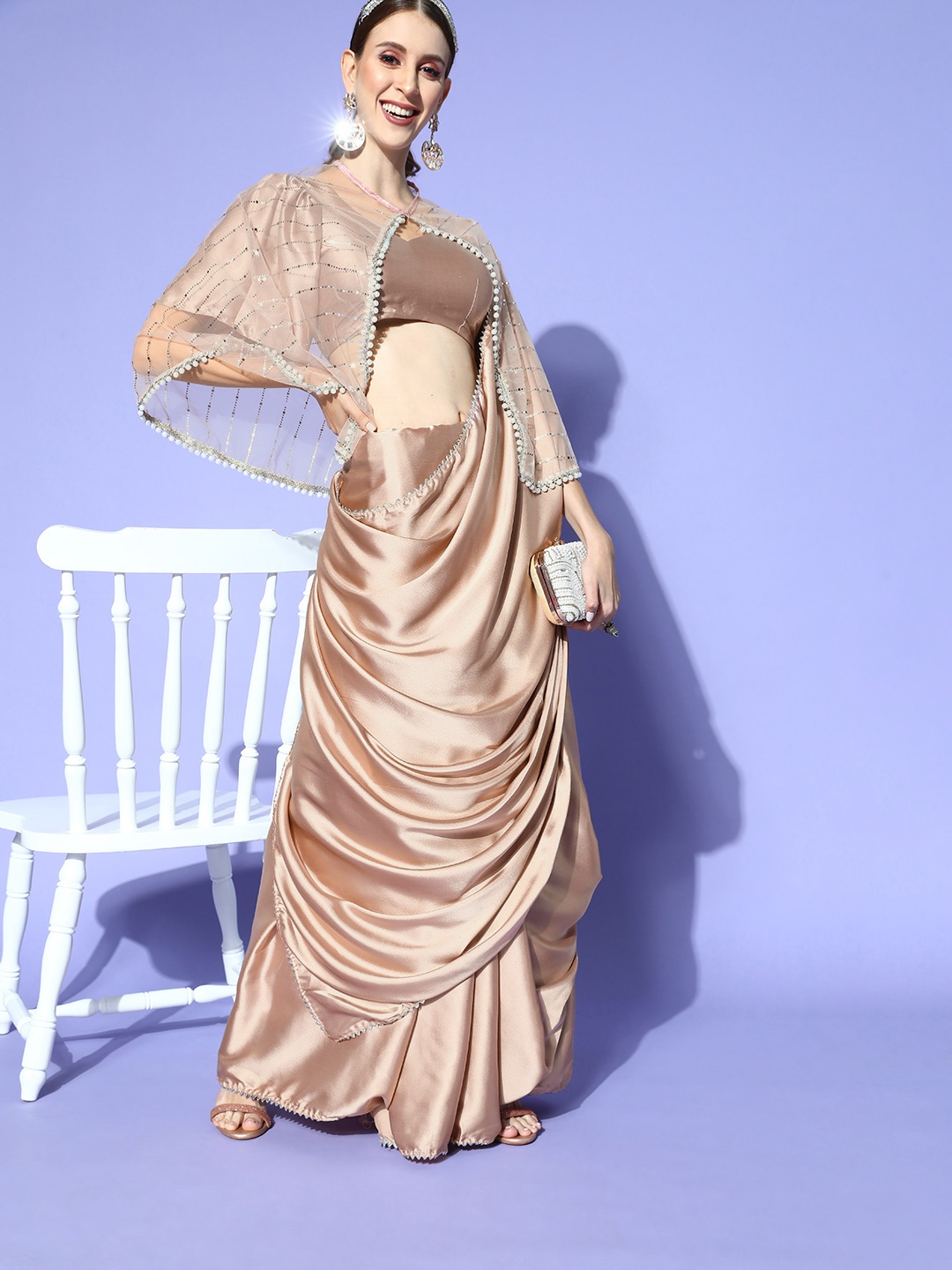 

Tikhi Imli Satin Saree With Cape, Taupe
