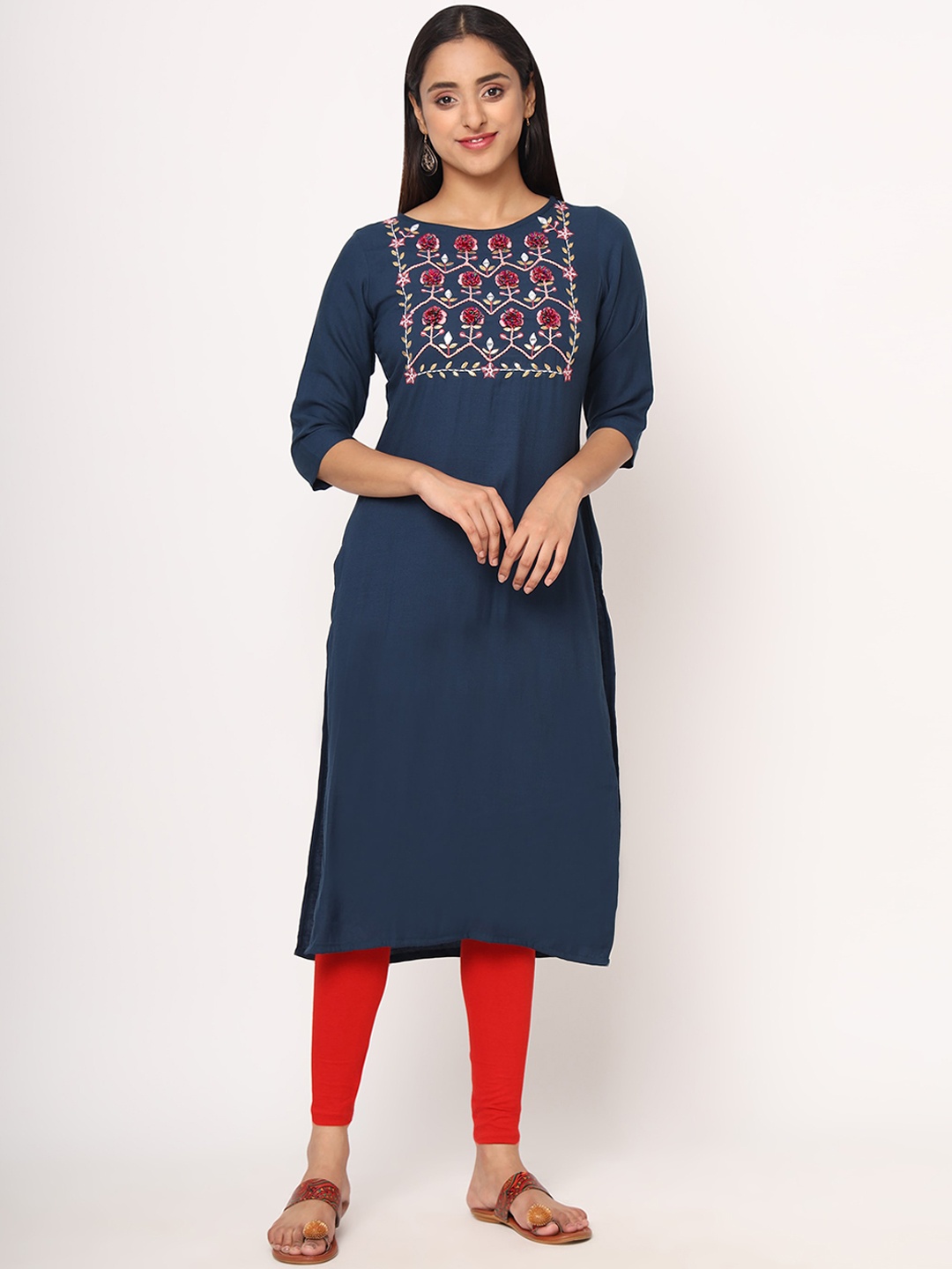 

Sitaram Designer Women Teal Floral Embroidered Kurta