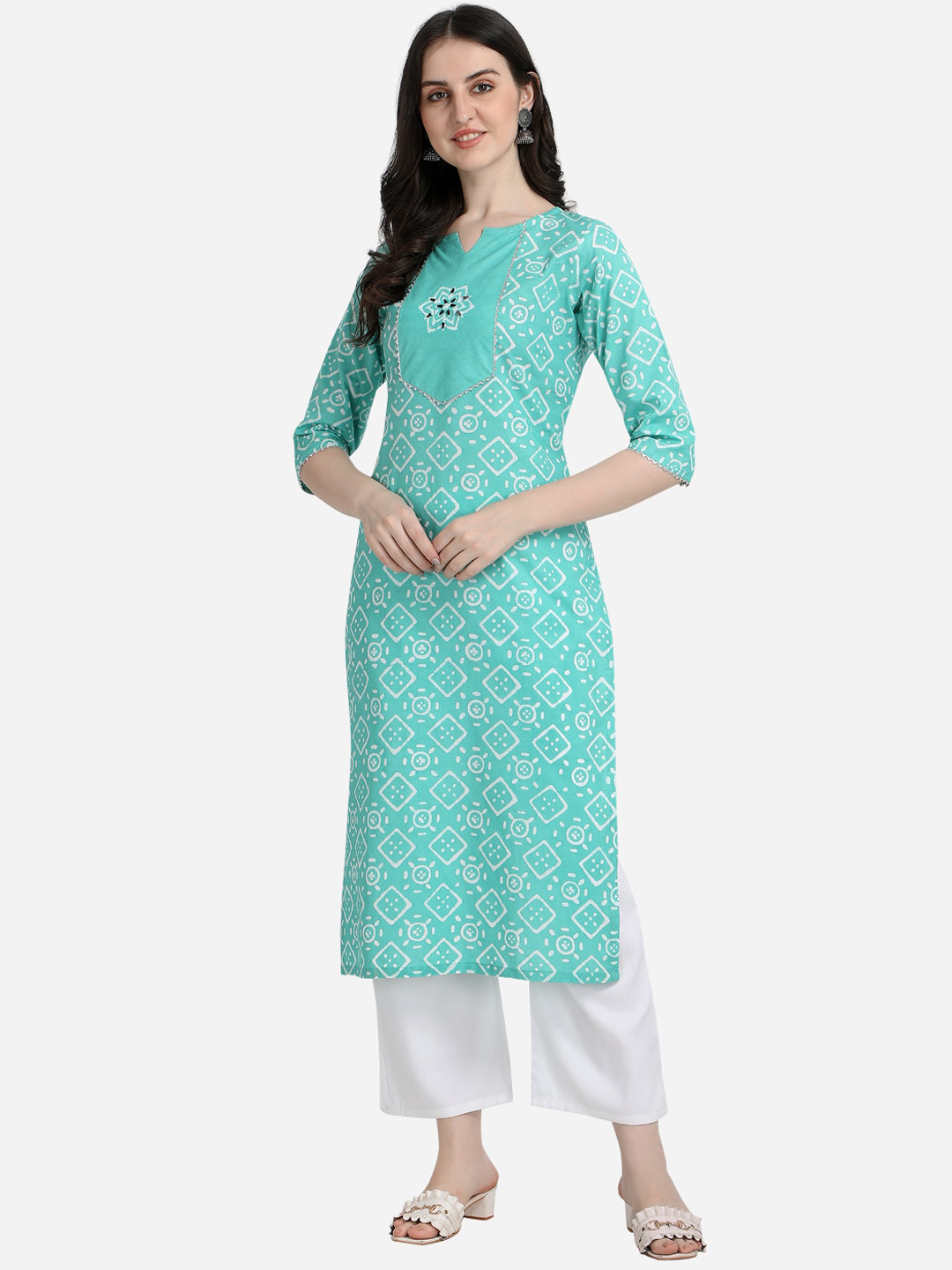 

Sitaram Designer Women Turquoise Blue & White Ethnic Motifs Printed Kurta
