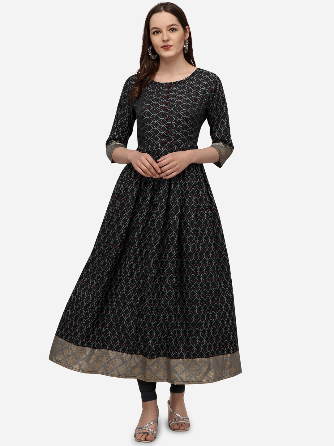 

Sitaram Designer Women Black & White Geometric Printed Thread Work Anarkali Kurta