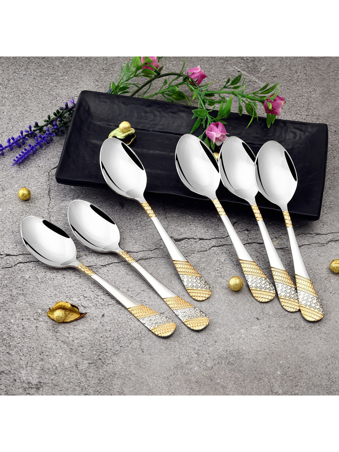 

FNS 24 Karat Partial Gold Plated 6 Pcs Stainless Steel Teaspoon, Silver
