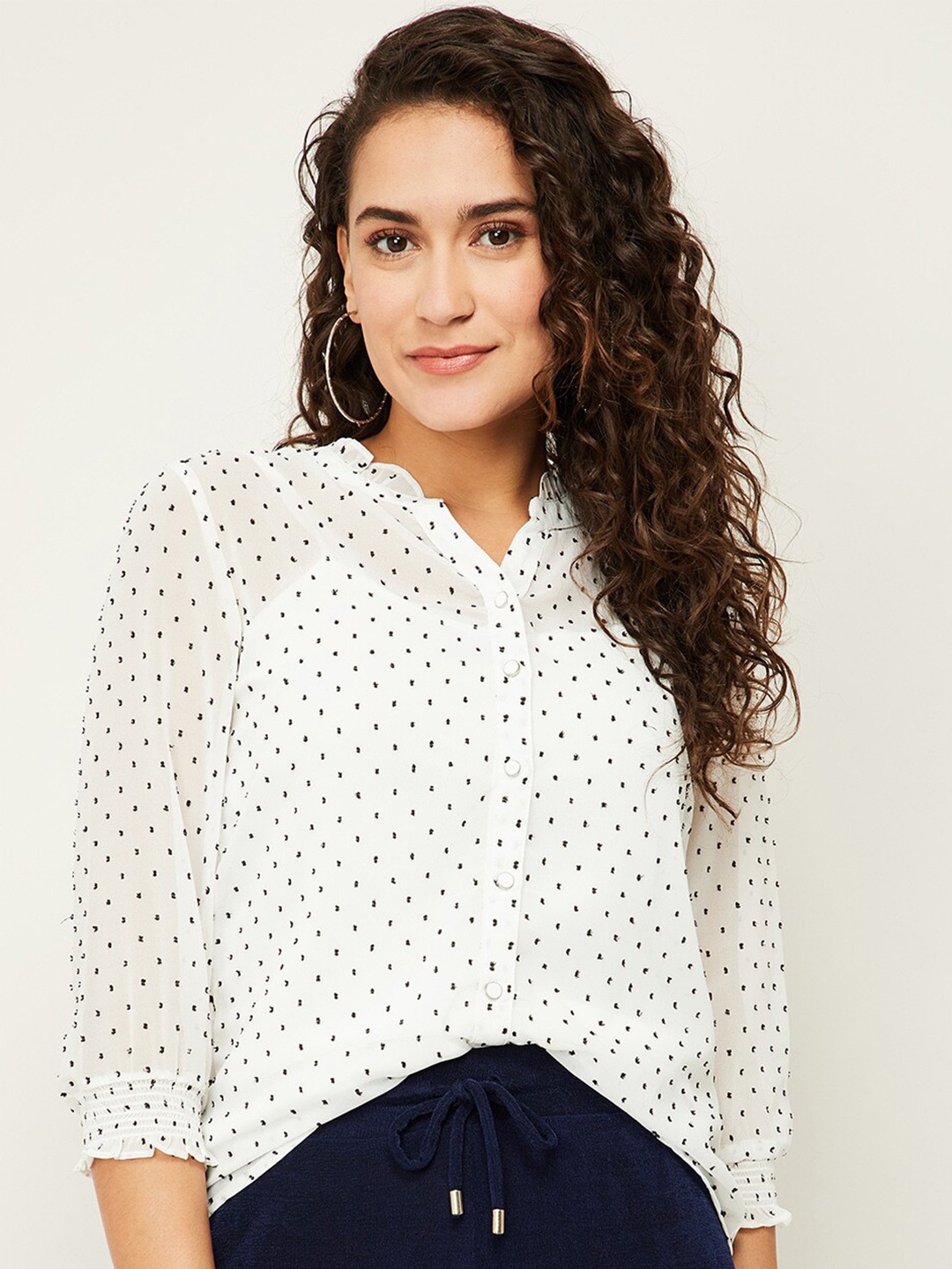 

Bossini White & Black Print Mandarin Collar Shirt Style Top