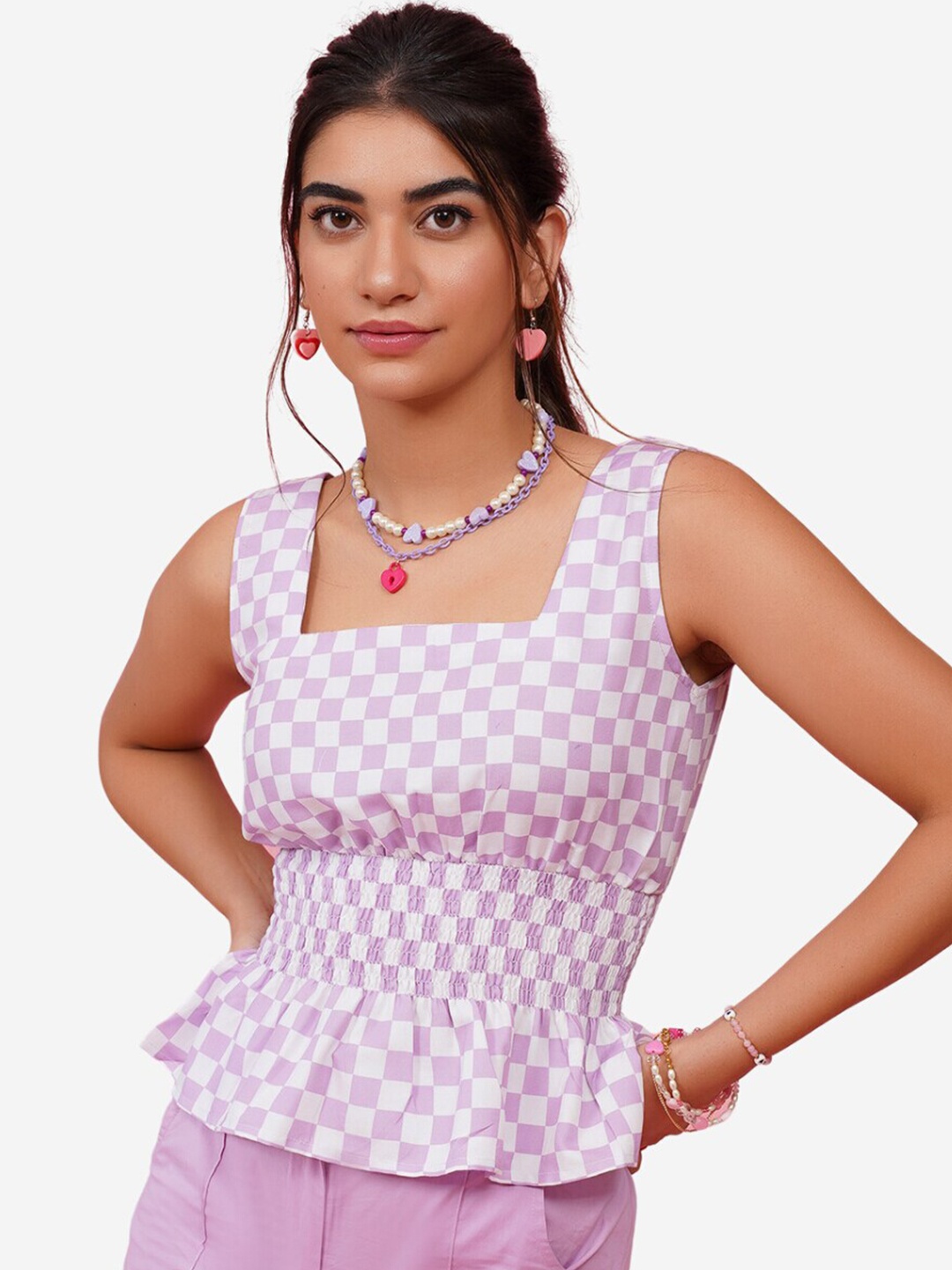 

Alaya By Stage3 Women Purple & White Checked Square Neck Peplum Top