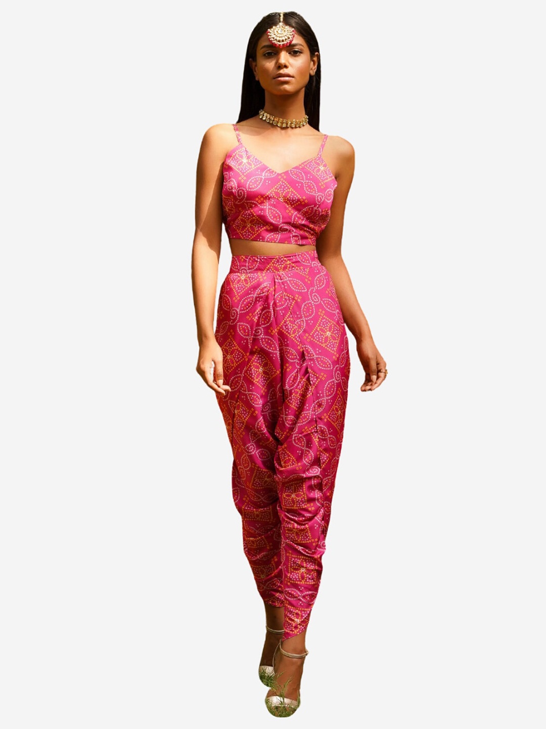 

Alaya By Stage3 Pink & White Bandhani Print Strappy Crepe Crop Top