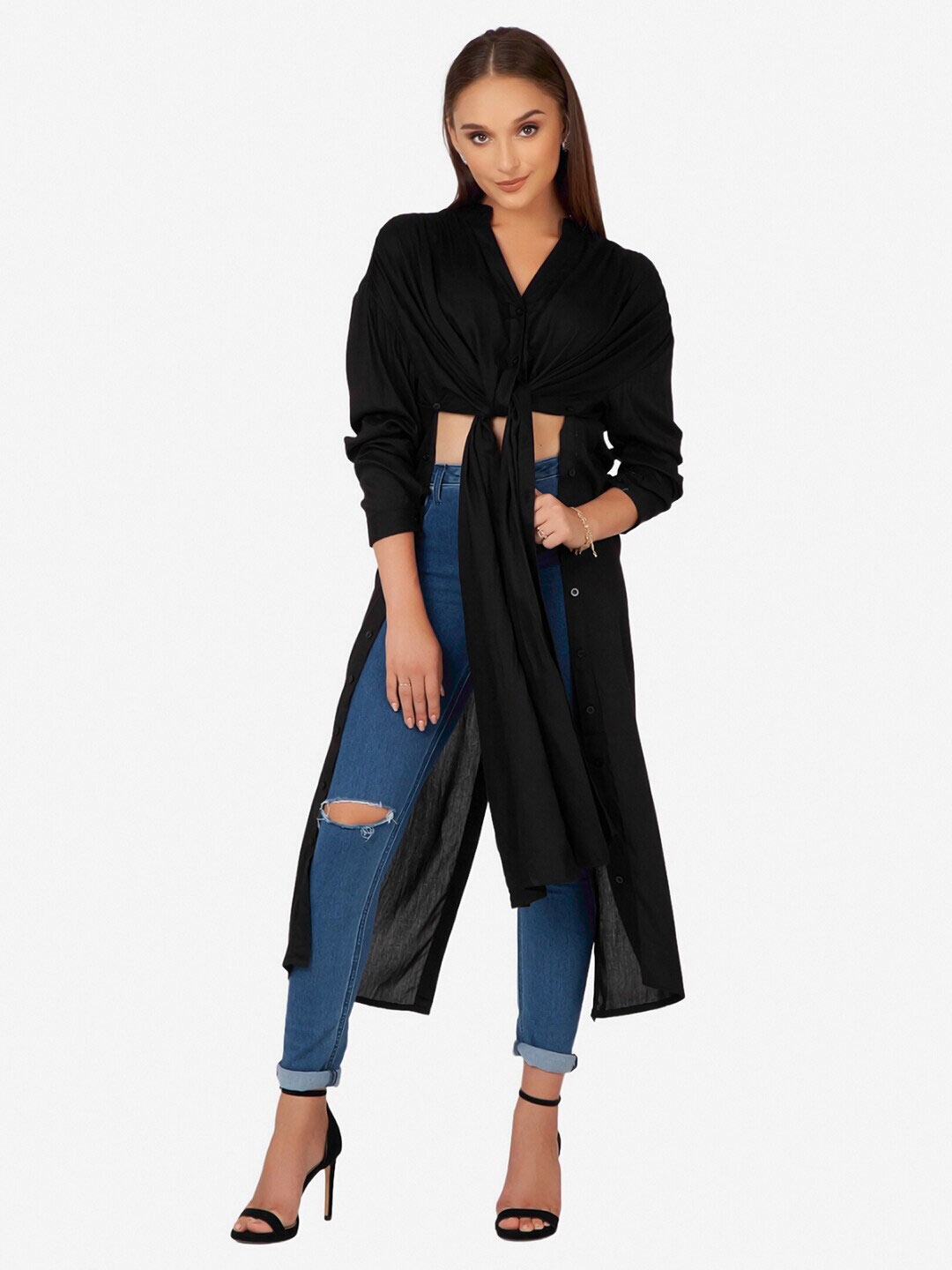 

Alaya By Stage3 Black Mandarin Collar High-Low Longline Top