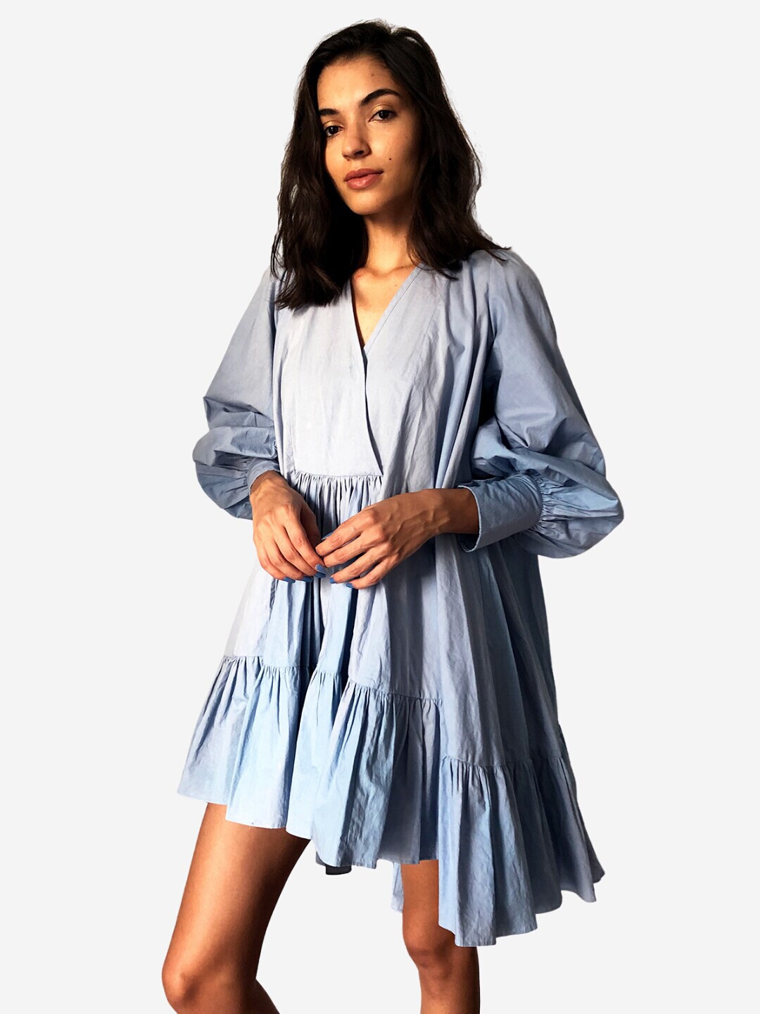 

Alaya By Stage3 Blue Cuffed Sleeves Tiered Cotton A-line Dress