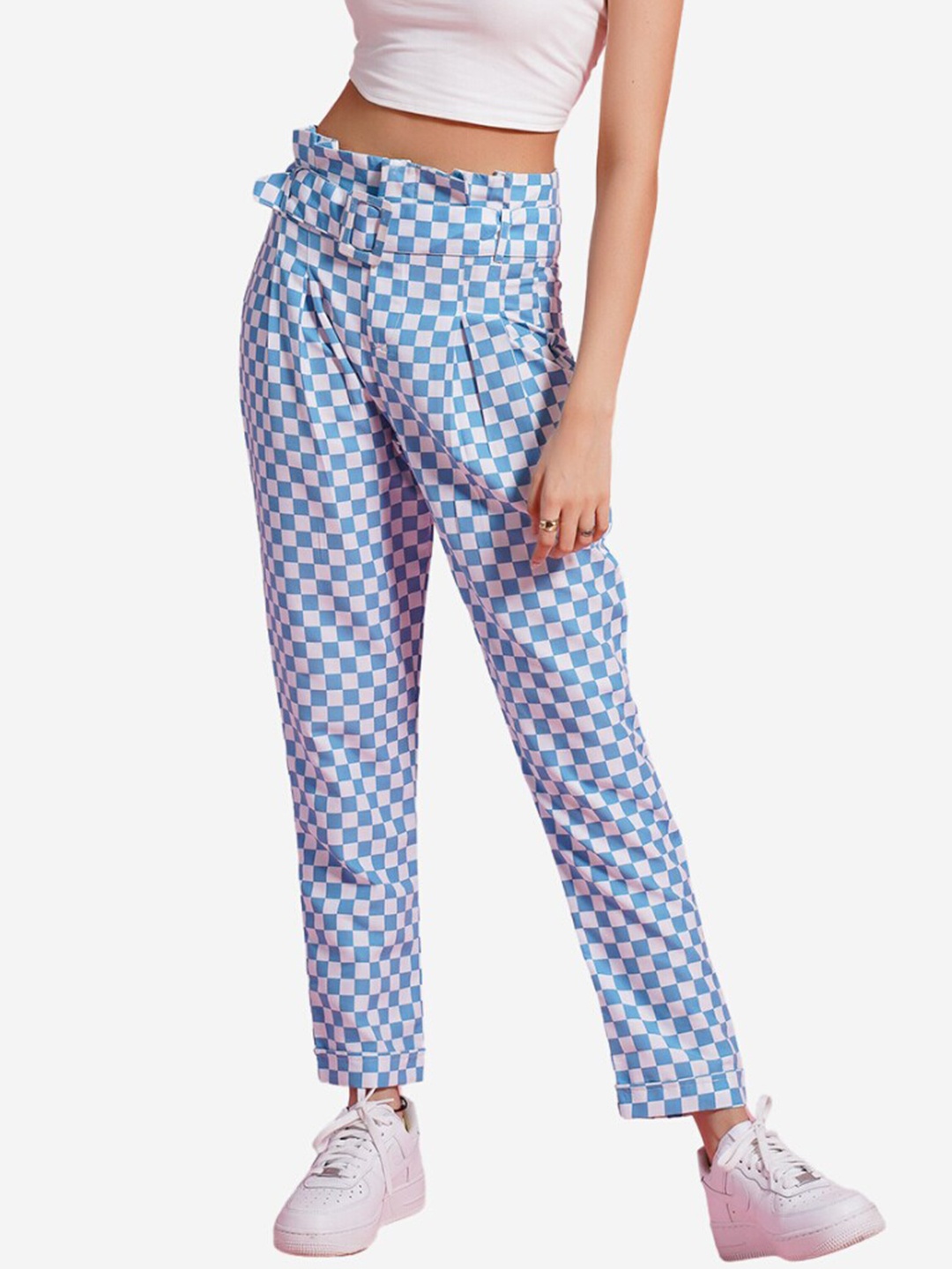 

Alaya By Stage3 Women Blue Checked Slim Fit High-Rise Pleated Trousers