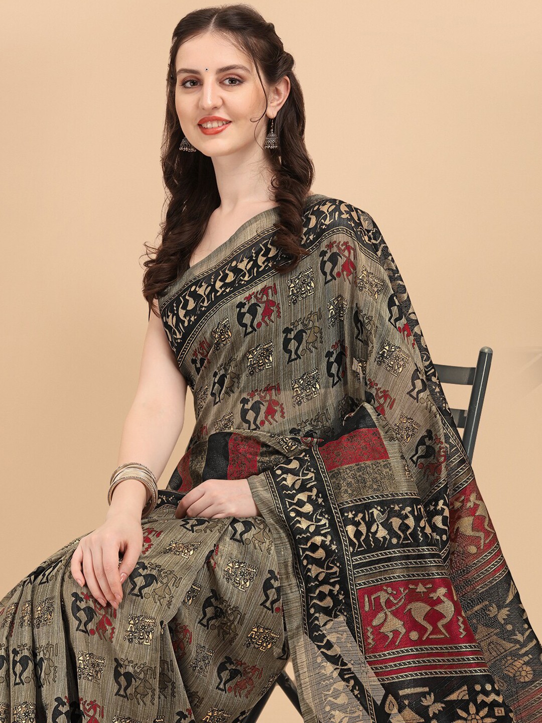

KALINI Beige & Red Ethnic Motifs Block Print Saree