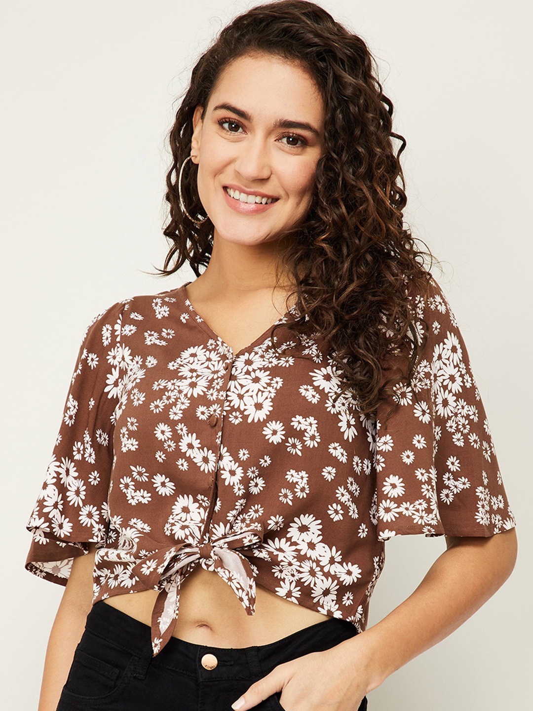 

Ginger by Lifestyle Brown Floral Print Extended Sleeves Crop Top