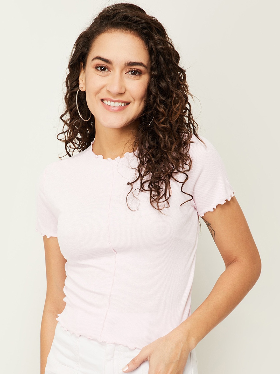 

Ginger by Lifestyle Women Purple Solid Round Neck Fitted Top
