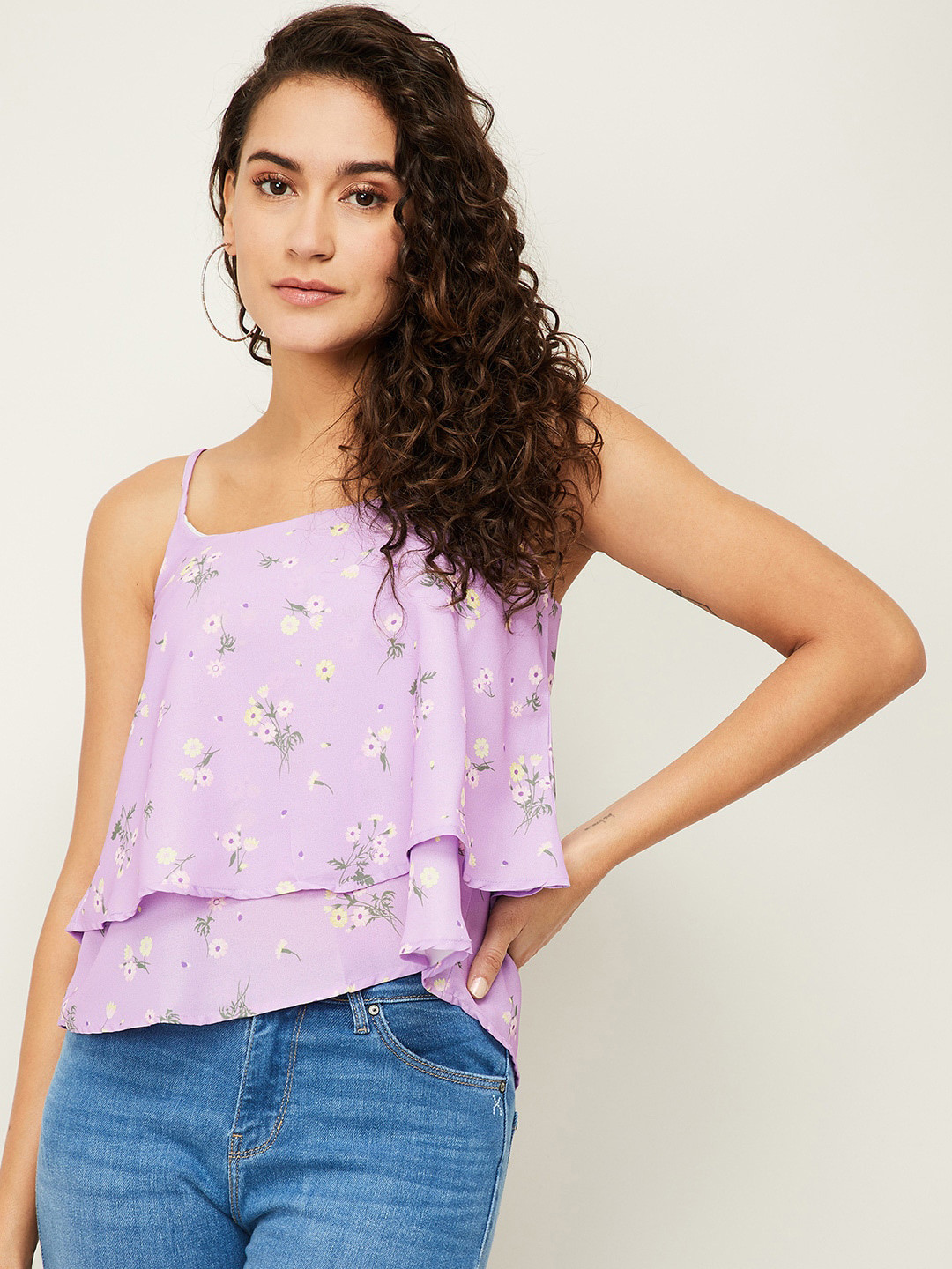 

Ginger by Lifestyle Women Purple Floral Print Tiered Top