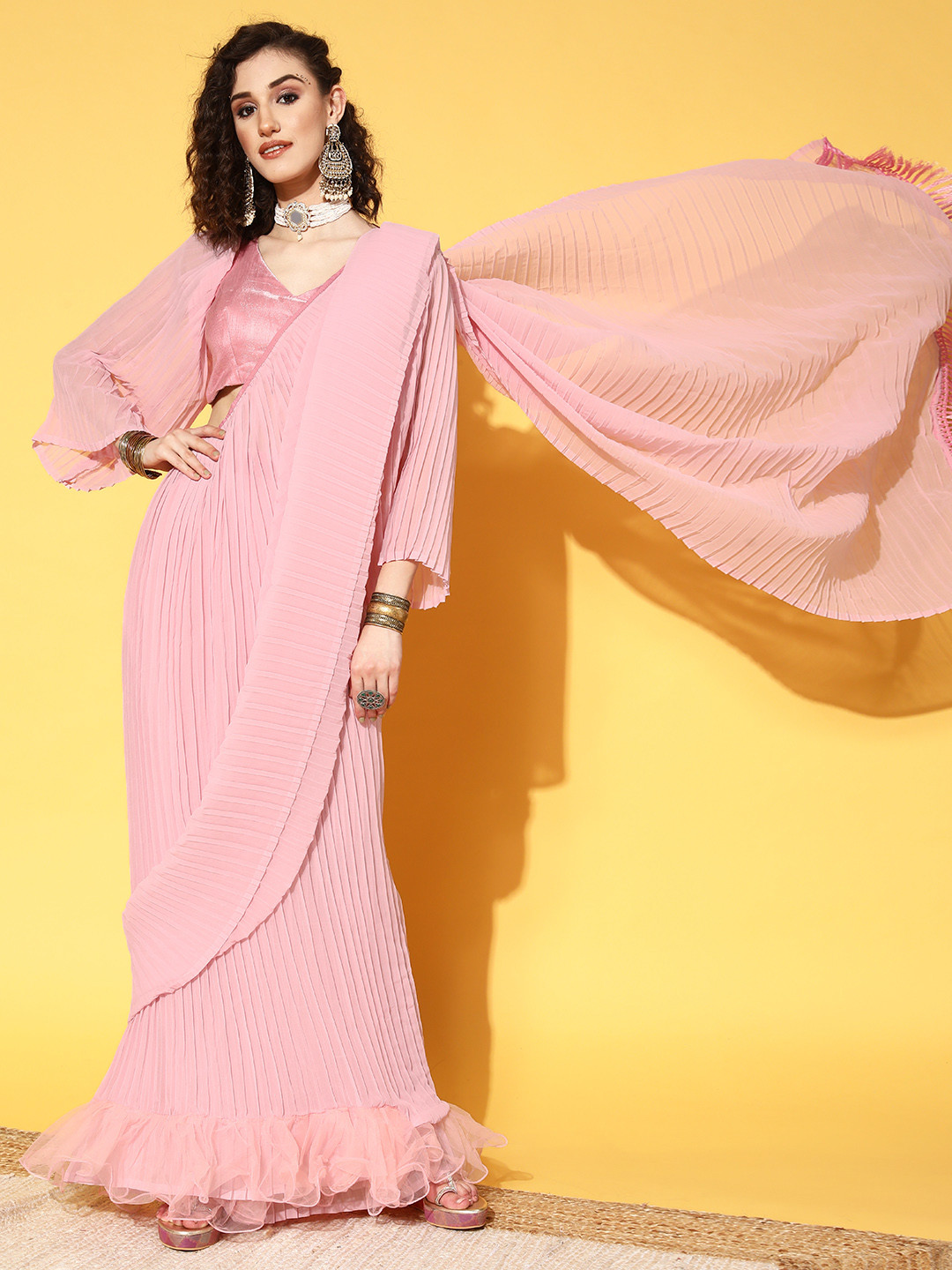 

Tikhi Imli Pink Accordian Pleated Ready to Wear Saree