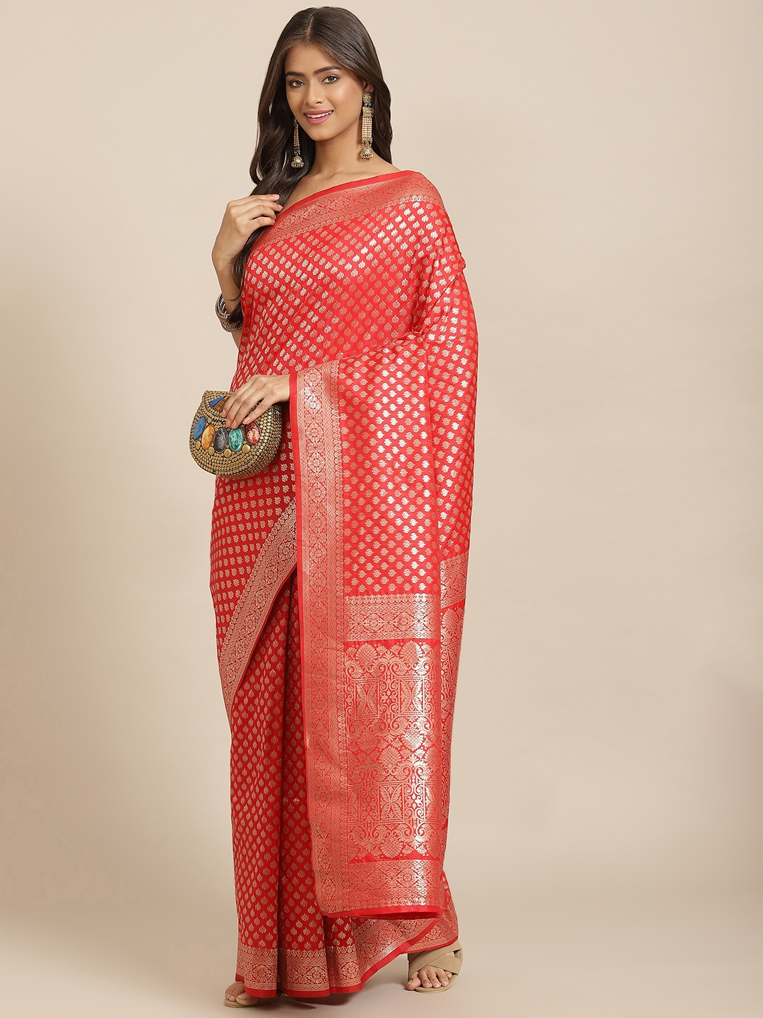 

Silk Land Red & Golden Ethnic Motifs Zari Pure Silk Kanjeevaram Saree