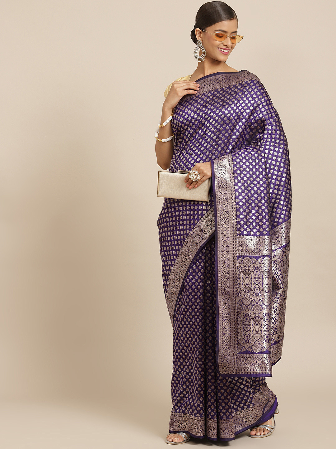 

Silk Land Navy Blue & Golden Ethnic Motifs Zari Pure Silk Kanjeevaram Saree