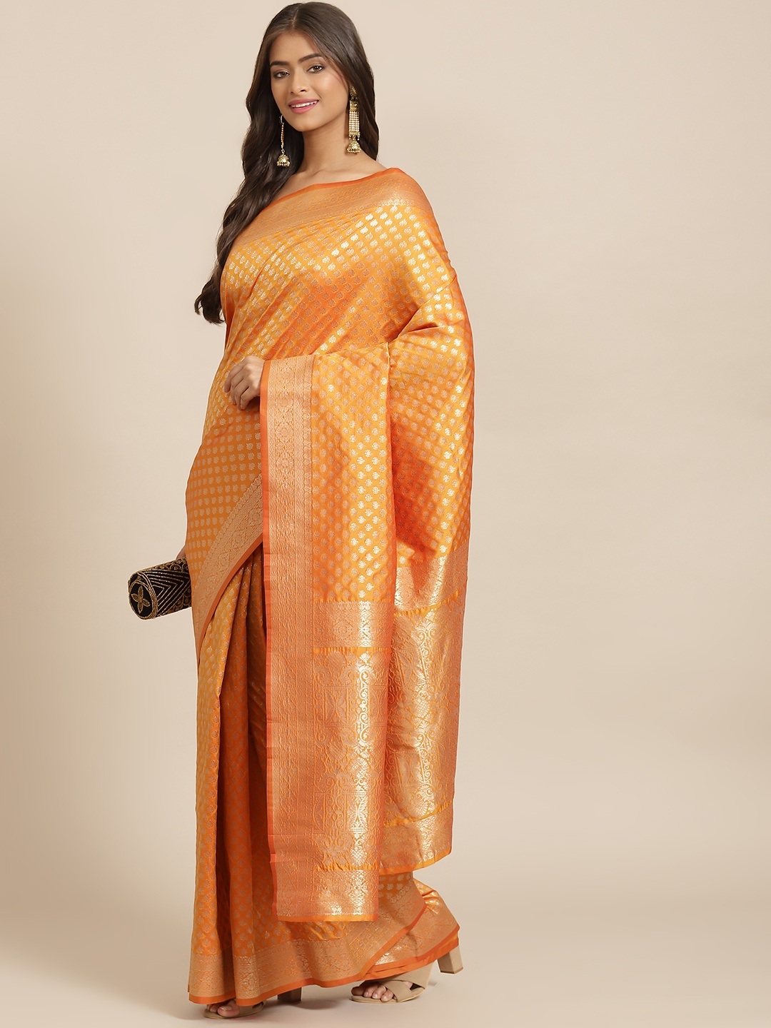 

Silk Land Orange & Golden Ethnic Motifs Zari Pure Silk Kanjeevaram Saree