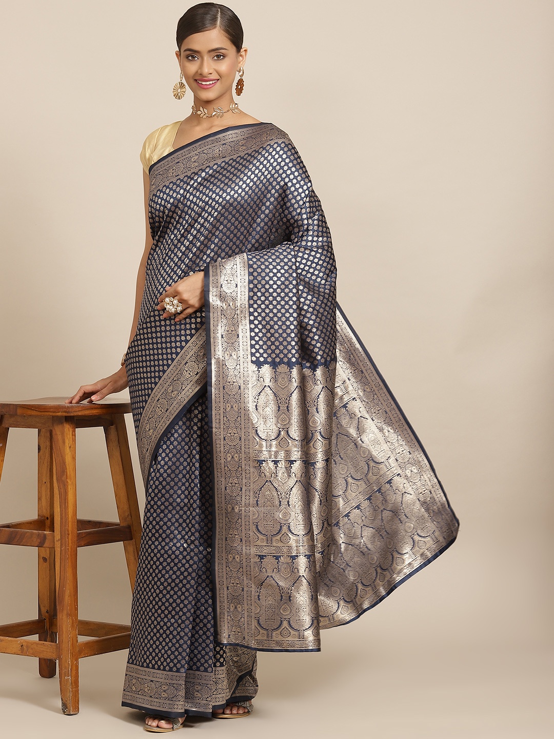 

Silk Land Navy Blue & Golden Ethnic Motifs Zari Kanjeevaram Saree