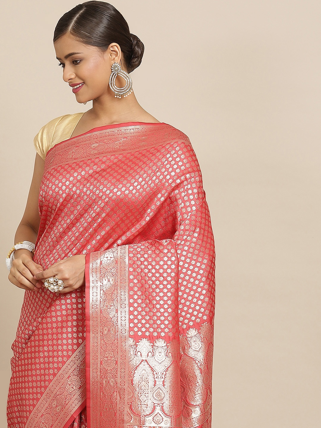 

Silk Land Pink & Golden Ethnic Motifs Zari Kanjeevaram Saree
