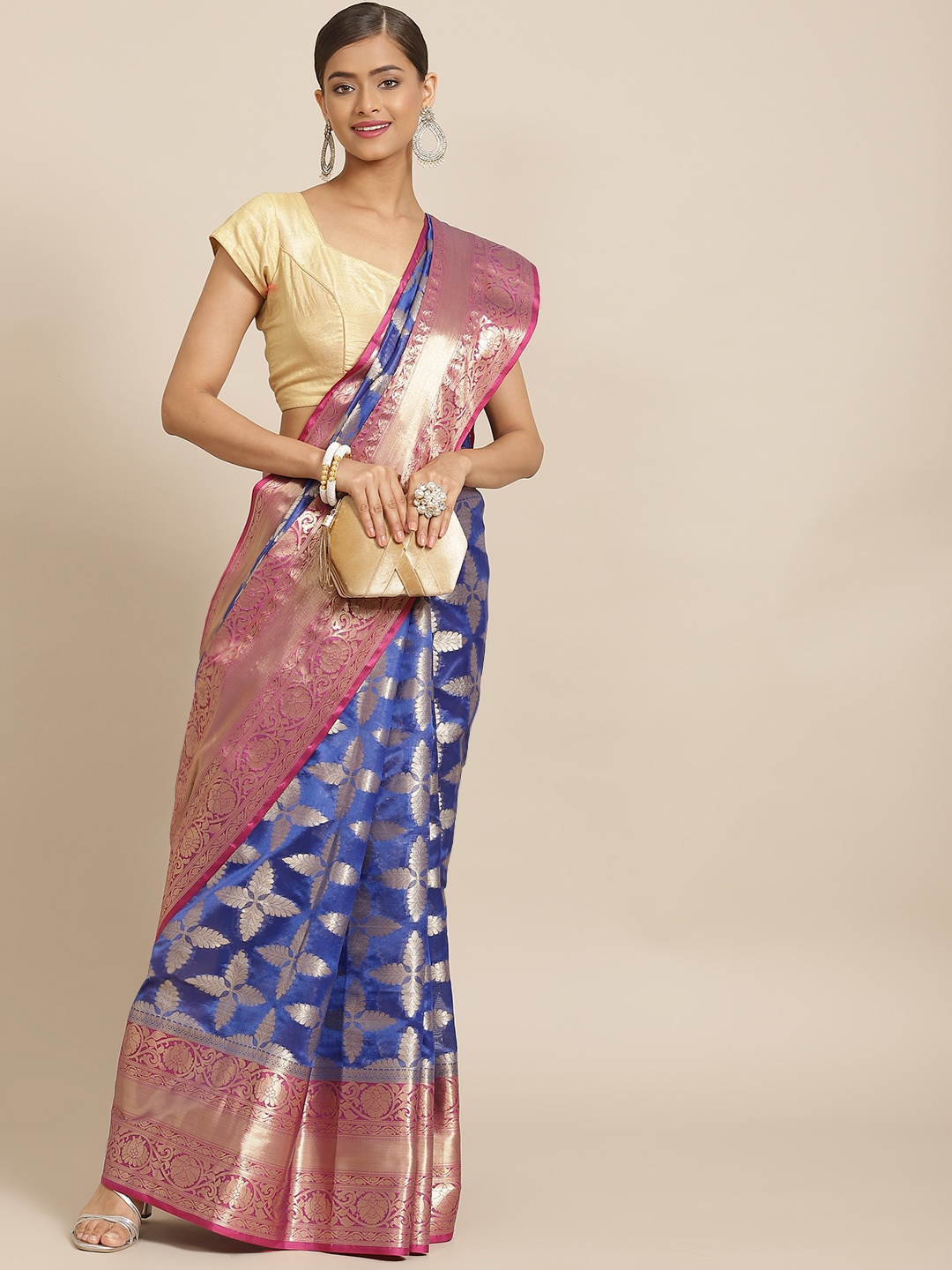 

Silk Land Blue & Golden Floral Zari Banarasi Saree