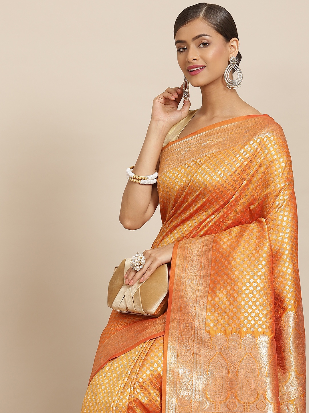 

Silk Land Orange & Golden Ethnic Motifs Zari Kanjeevaram Saree