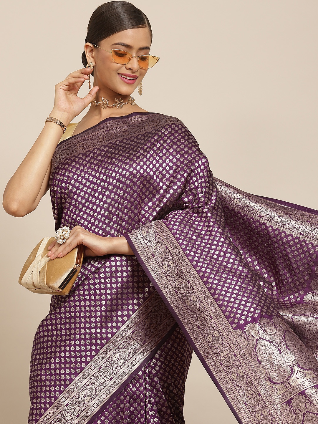 

Silk Land Purple & Silver Ethnic Motifs Zari Kanjeevaram Saree