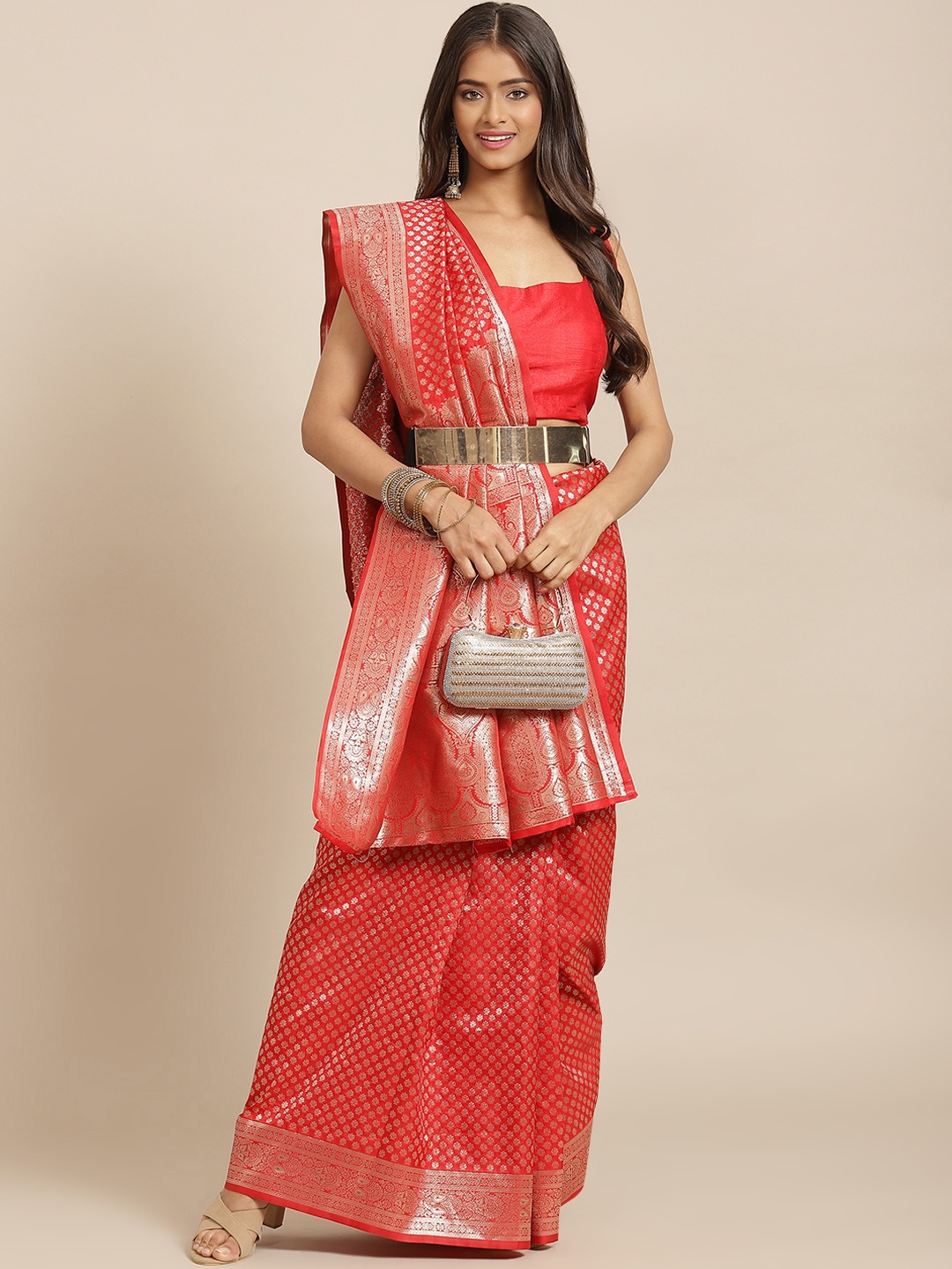 

Silk Land Red & Golden Ethnic Motifs Zari Kanjeevaram Saree