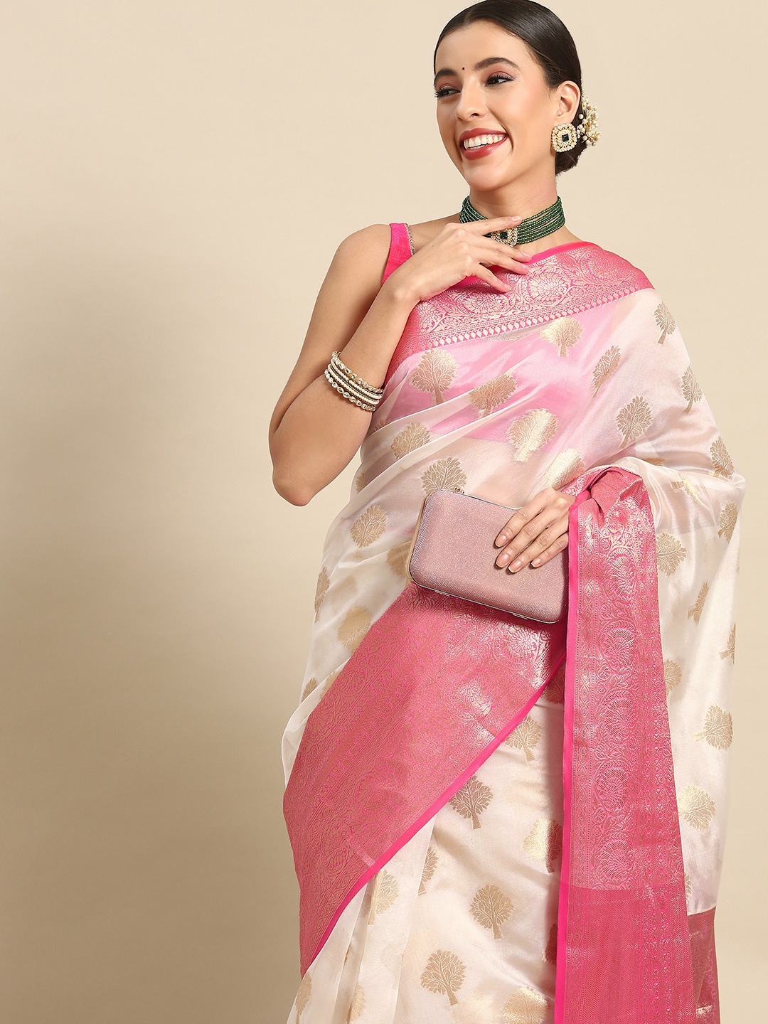 

Silk Land Ethnic Motifs Zari Kasauv Saree, White