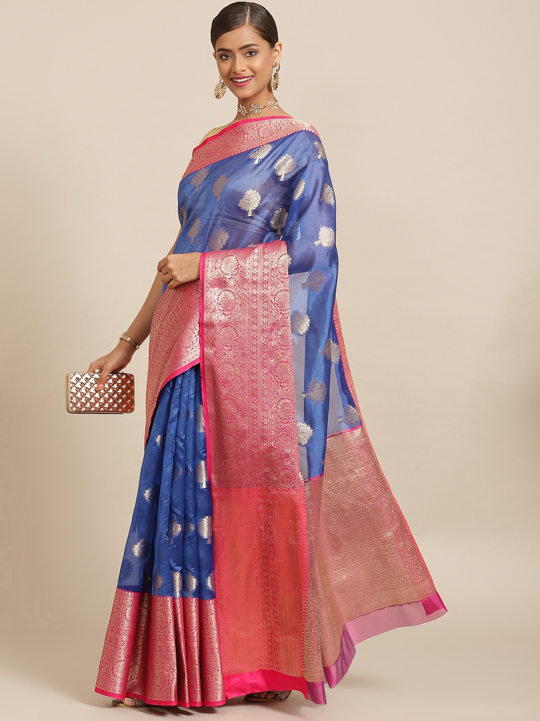 

Silk Land Blue & Golden Floral Zari Pure Silk Kanjeevaram Saree