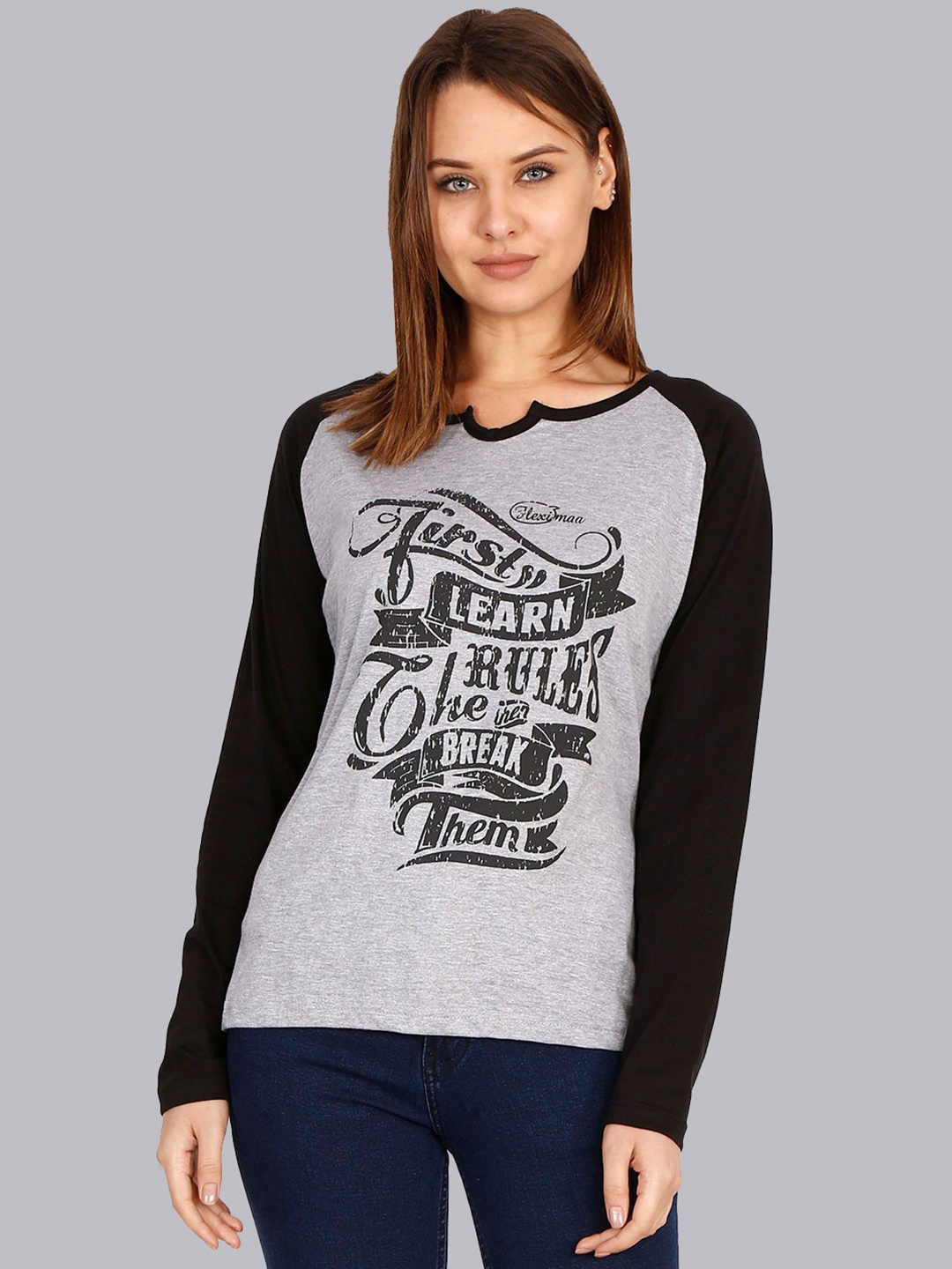 

Fleximaa Women Grey Melange & Black Typography Printed Cotton T-shirt