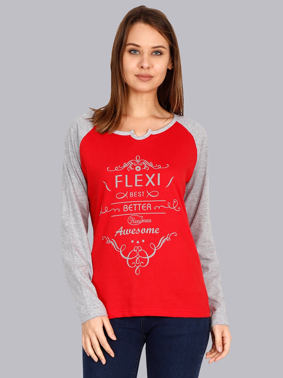 

Fleximaa Women Red & Grey Typography Printed T-shirt