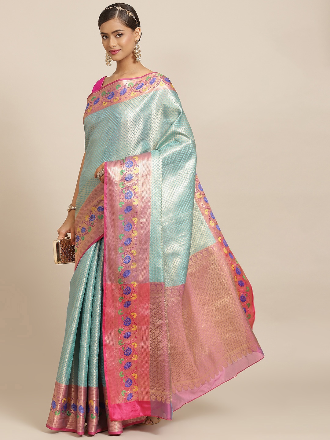 

Silk Land Blue & Pink Ethnic Motifs Woven Design Zari Kanjeevaram Saree