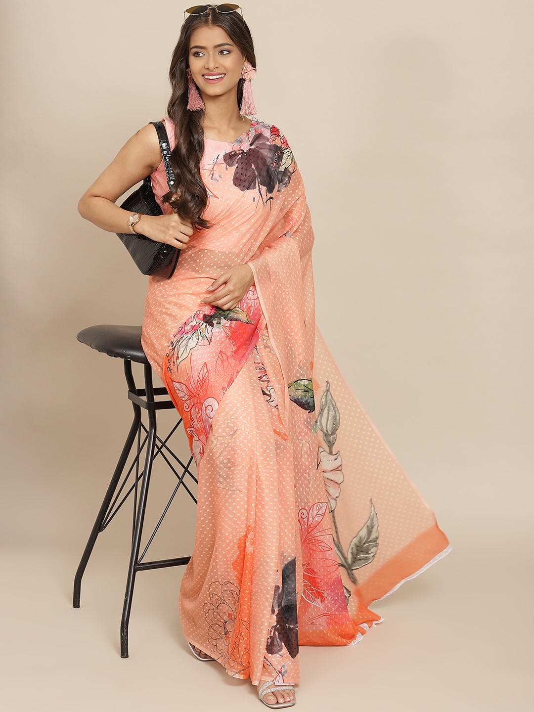 

Silk Land Peach-Coloured & White Floral Print Dobby Weave Chiffon Saree