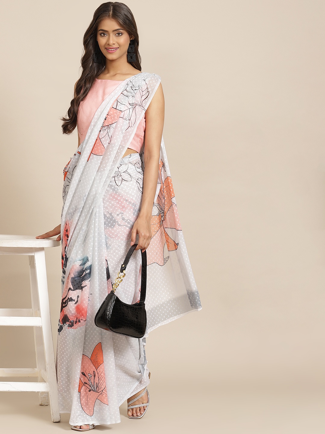 

Silk Land White & Peach-Coloured Floral Print Dobby Weave Chiffon Saree