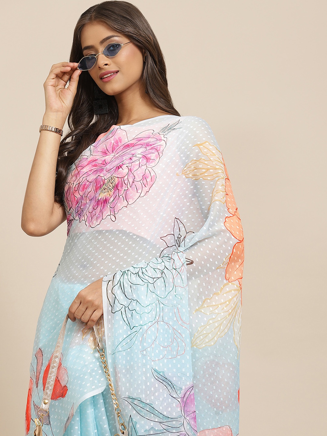 

Silk Land Blue & Pink Floral Print Dobby Weave Chiffon Saree