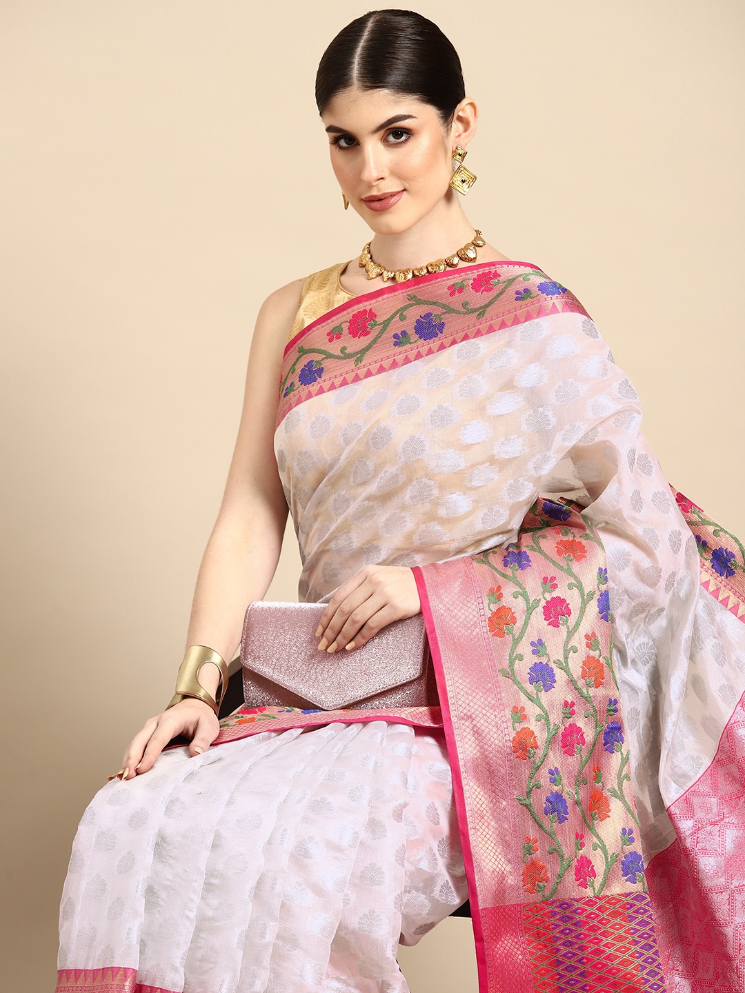 

Silk Land Woven Design Ethnic Motifs Zari Kasauv Saree, White