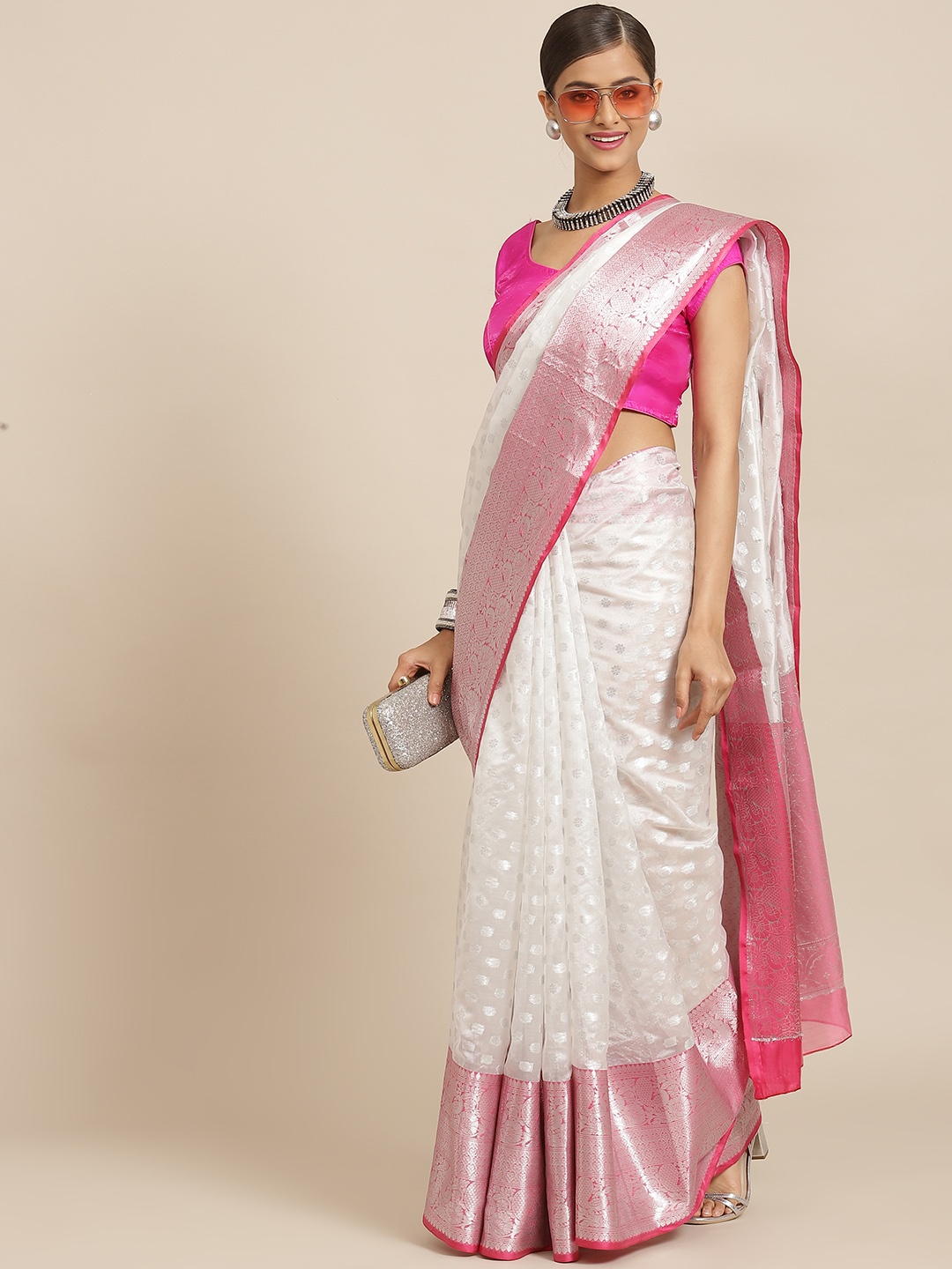 

Silk Land White & Pink Ethnic Design Zari Kasavu Saree