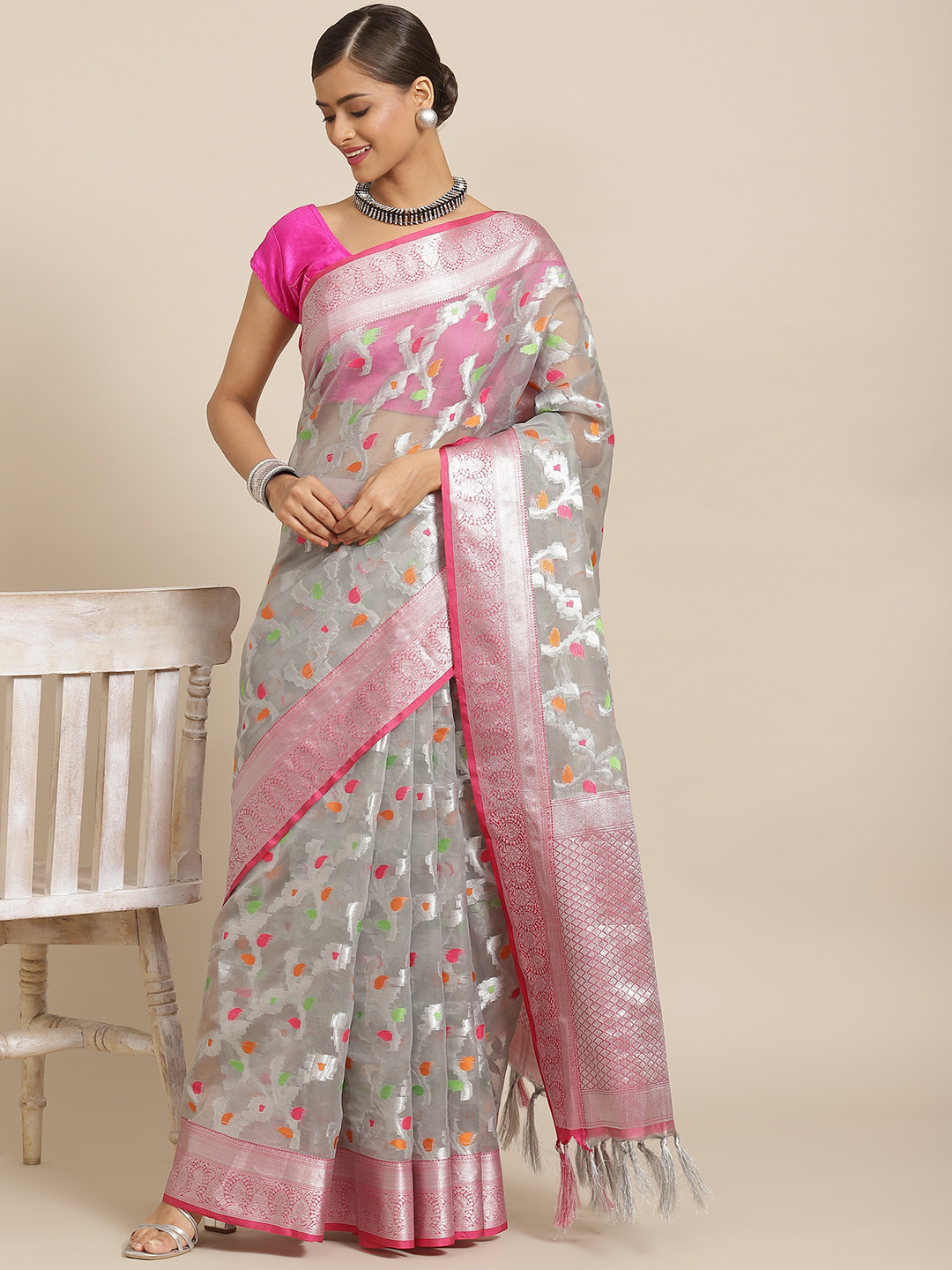 

Silk Land Grey & Pink Woven Design Zari Banarasi Saree
