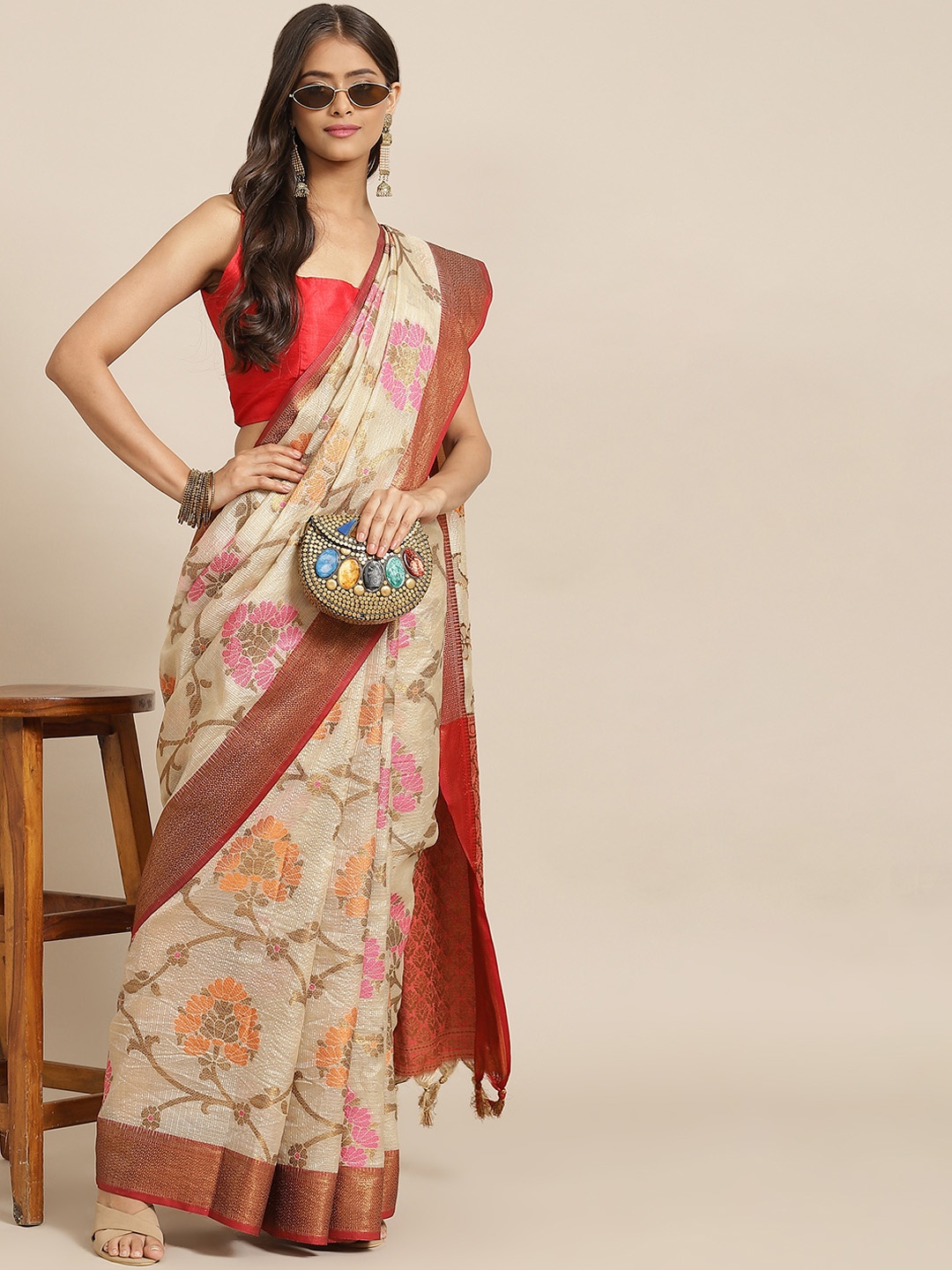 

Silk Land Beige & Maroon Floral Woven Design Zari Jute Silk Tussar Saree