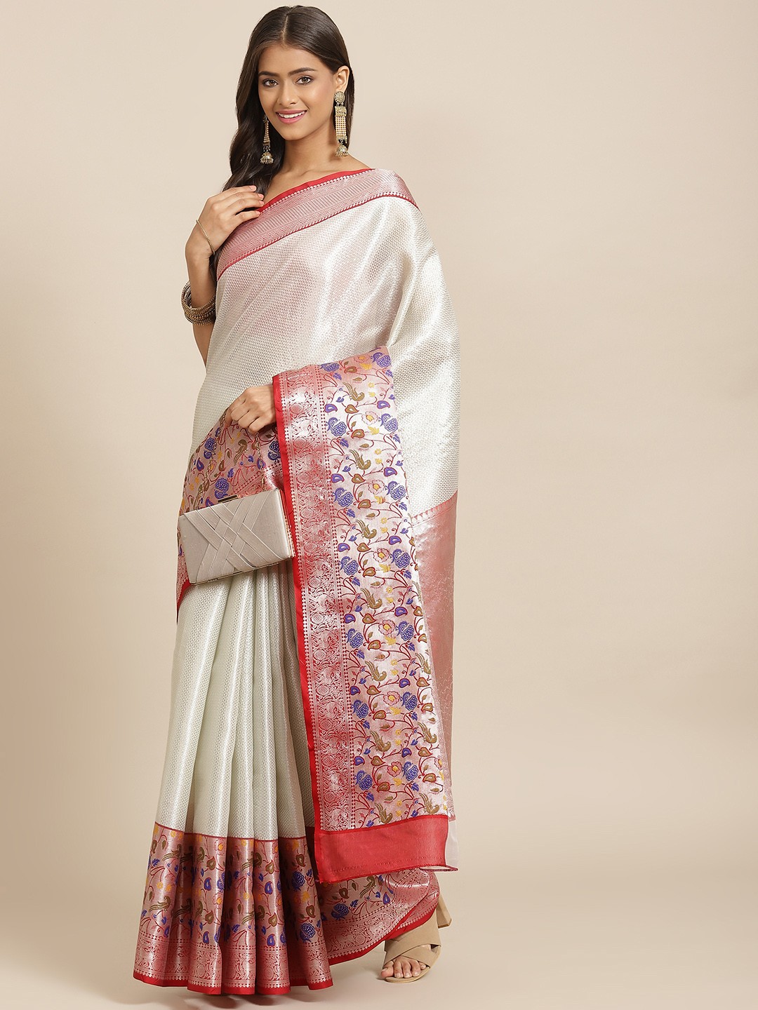 

Silk Land Grey & Red Ethnic Motifs Woven Design Zari Pure Silk Kanjeevaram Saree