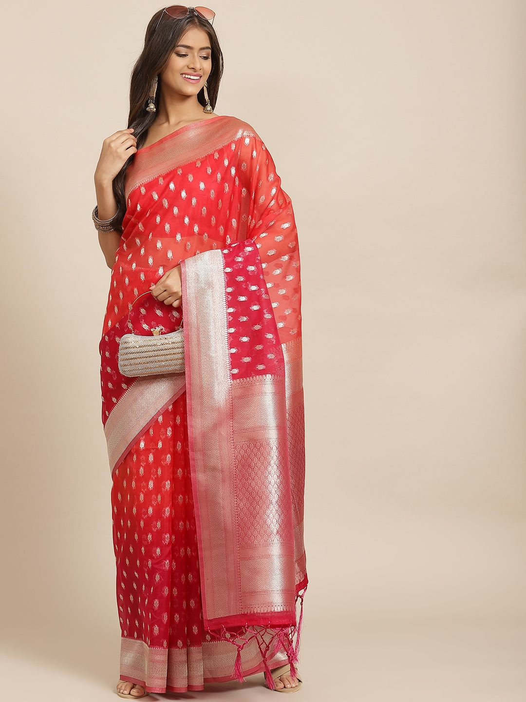 

Silk Land Red & Silver Ethnic Design Zari Kanjeevaram Saree