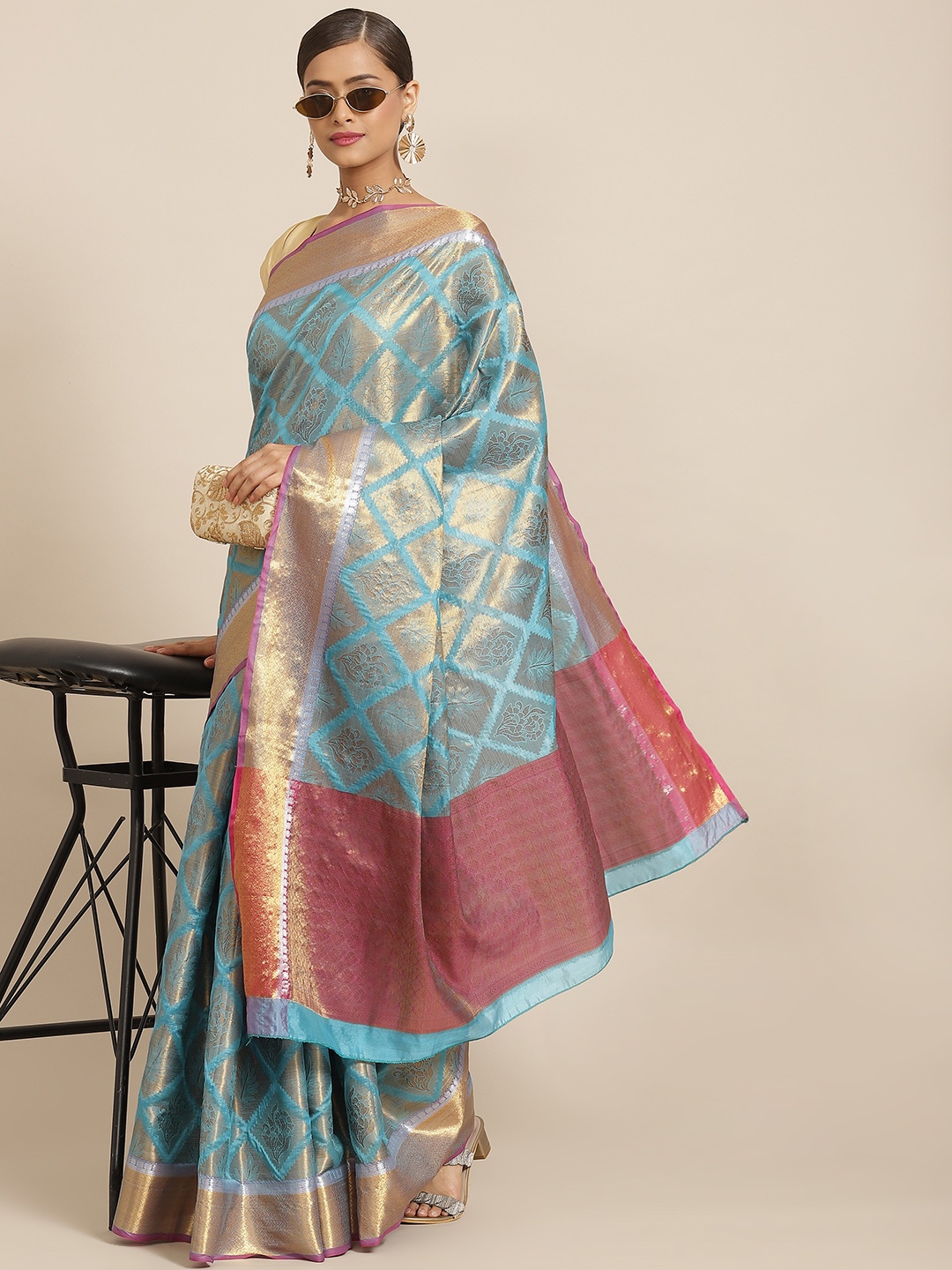 

Silk Land Blue & Golden Ethnic Motifs Woven Design Zari Kanjeevaram Saree