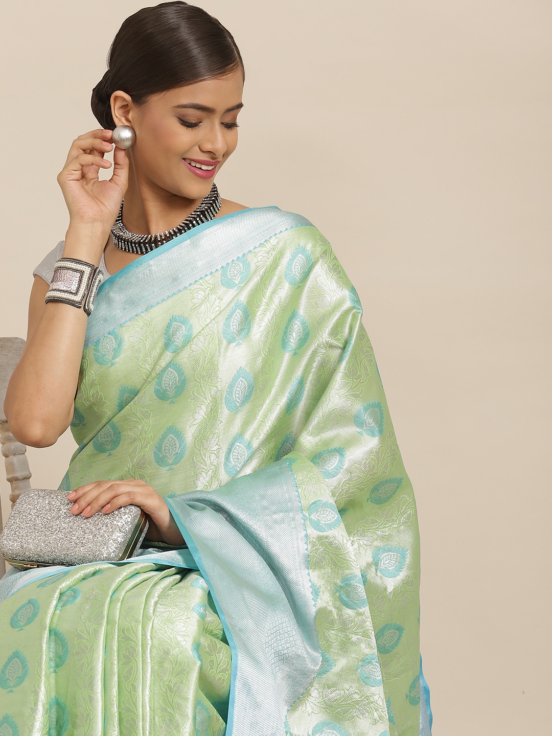 

Silk Land Green & Blue Ethnic Design Zari Banarasi Saree