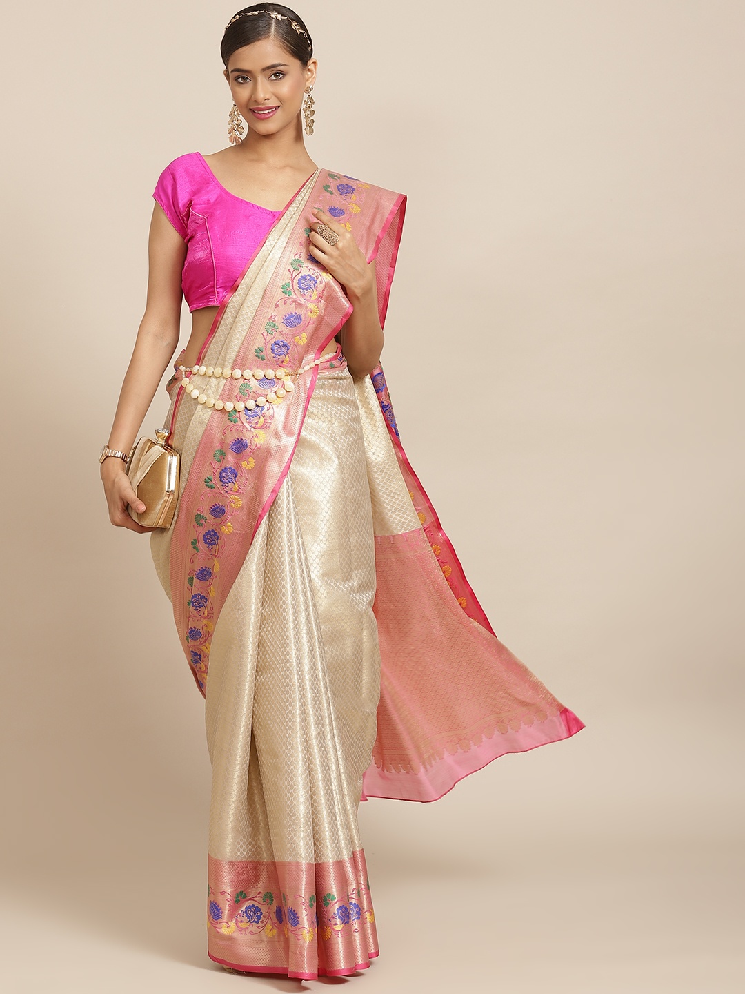 

Silk Land Off White & Golden Woven Design Zari Pure Silk Kanjeevaram Saree