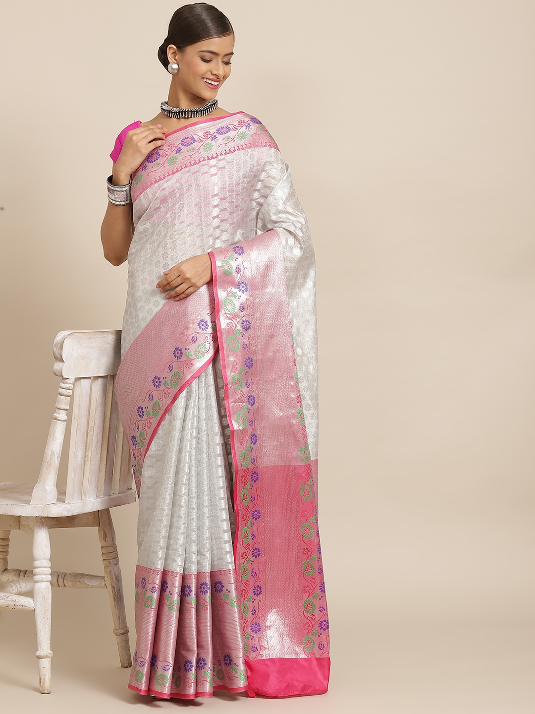 

Silk Land White & Silver Ethnic Motifs Woven Design Zari Kasauv Saree
