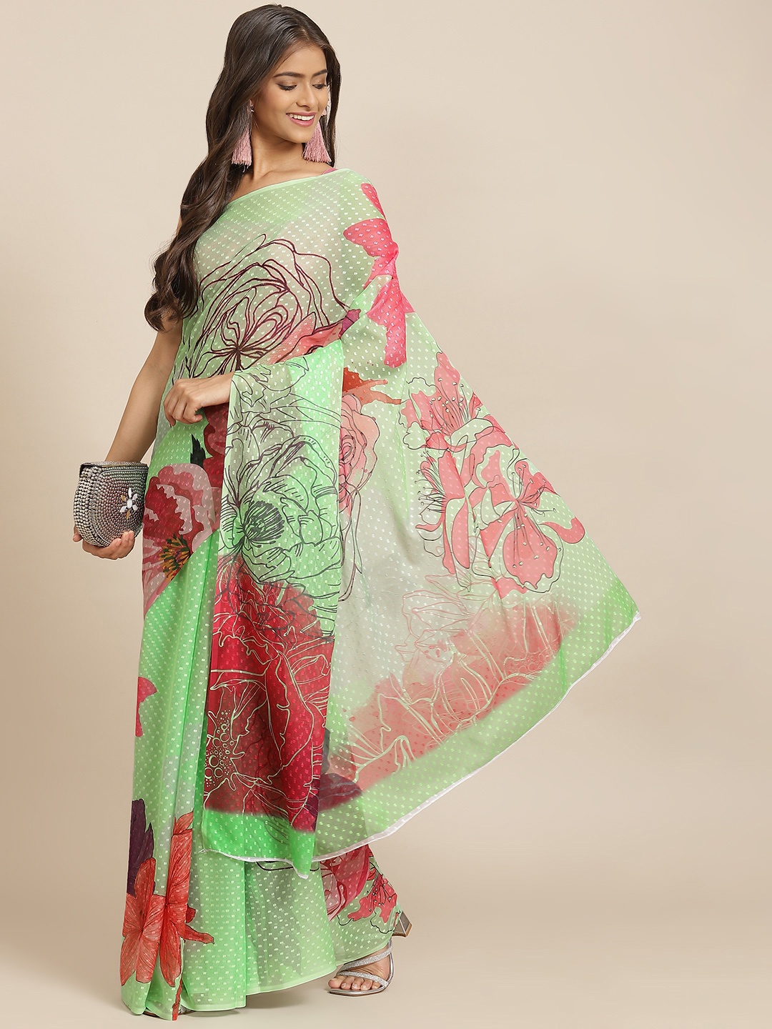 

Silk Land Green & Red Floral Print Dobby Weave Chiffon Saree