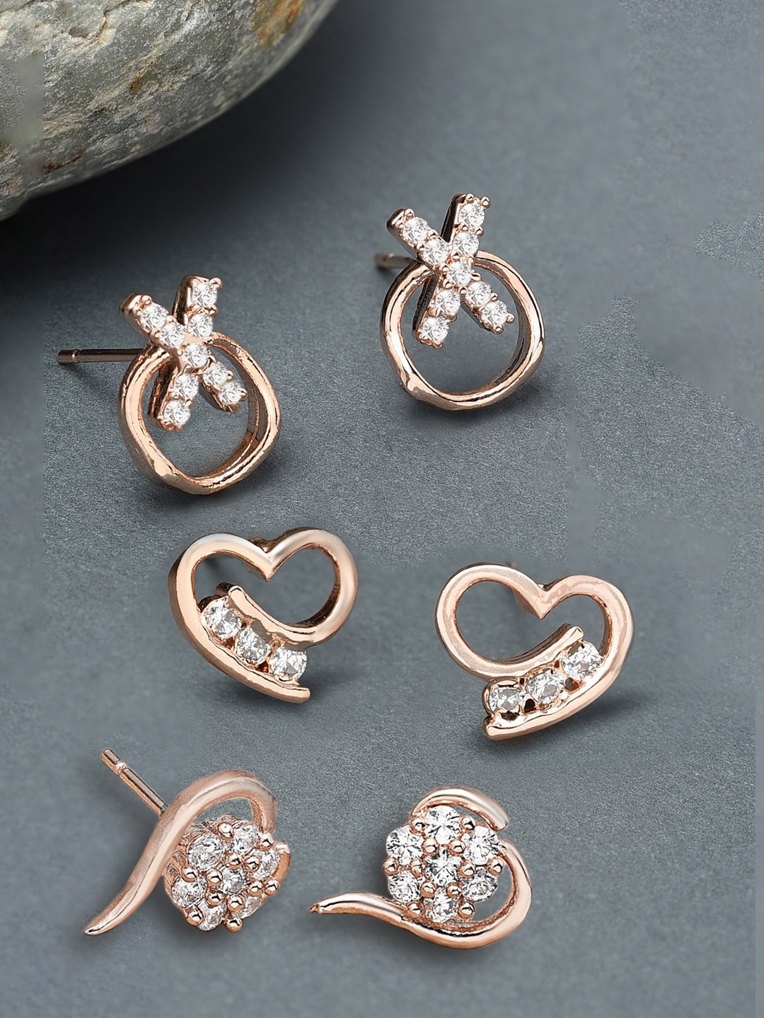 

Zaveri Pearls Rose Gold Set Of 3 Cubic Zirconia Contemporary Studs Earrings